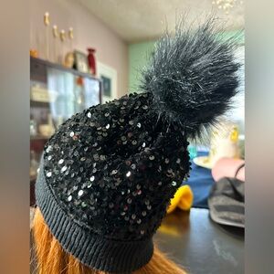 Black Sequin Pom-Pom Beanie